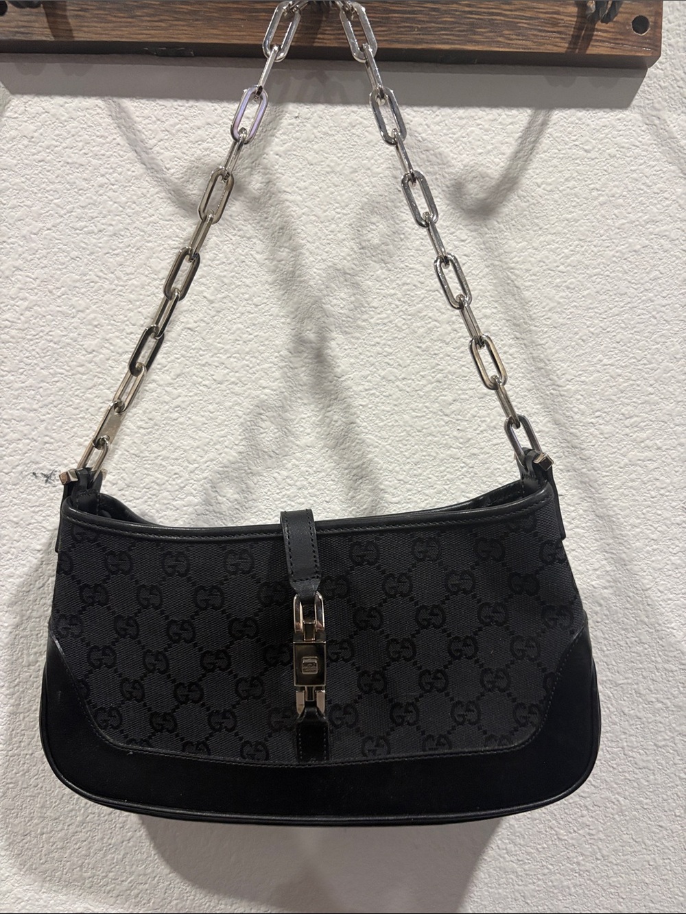 Vintage Gucci Black Monogram Shoulder Bag with Silver Chain